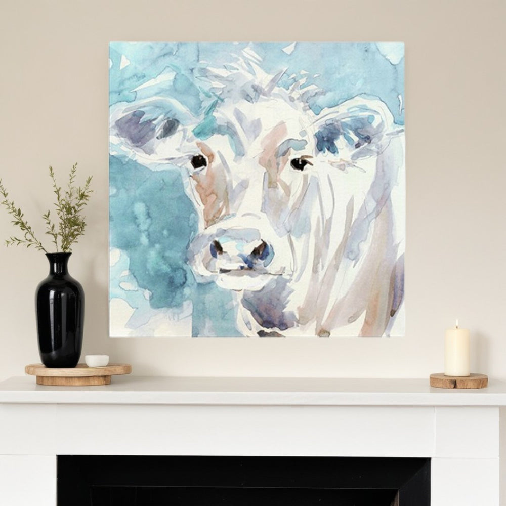 HomeRoots 30" Watercolor Cow Canvas Wall Art - Serene Blue Pastel Portrait for Modern Farmhouse Decor 30"x30" 398924