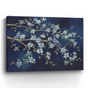 HomeRoots 24" Navy Blue Watercolor Bird Rendezvous Canvas Wall Art - Serene Nature-Inspired Elegance for Home 24"x32" 398939