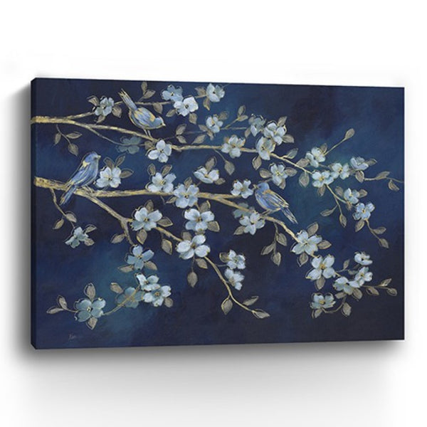 HomeRoots 24" Navy Blue Watercolor Bird Rendezvous Canvas Wall Art - Serene Nature-Inspired Elegance for Home 24"x32" 398939