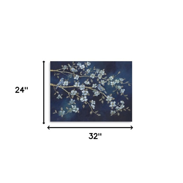 HomeRoots 24" Navy Blue Watercolor Bird Rendezvous Canvas Wall Art - Serene Nature-Inspired Elegance for Home 24"x32" 398939