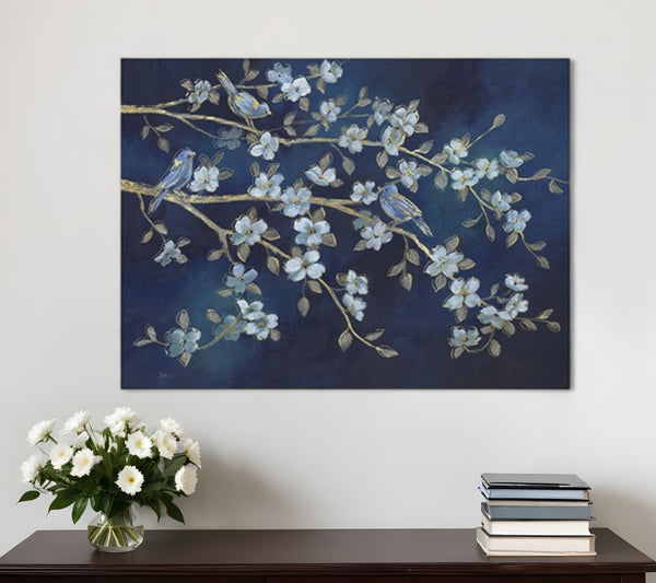 HomeRoots 24" Navy Blue Watercolor Bird Rendezvous Canvas Wall Art - Serene Nature-Inspired Elegance for Home 24"x32" 398939