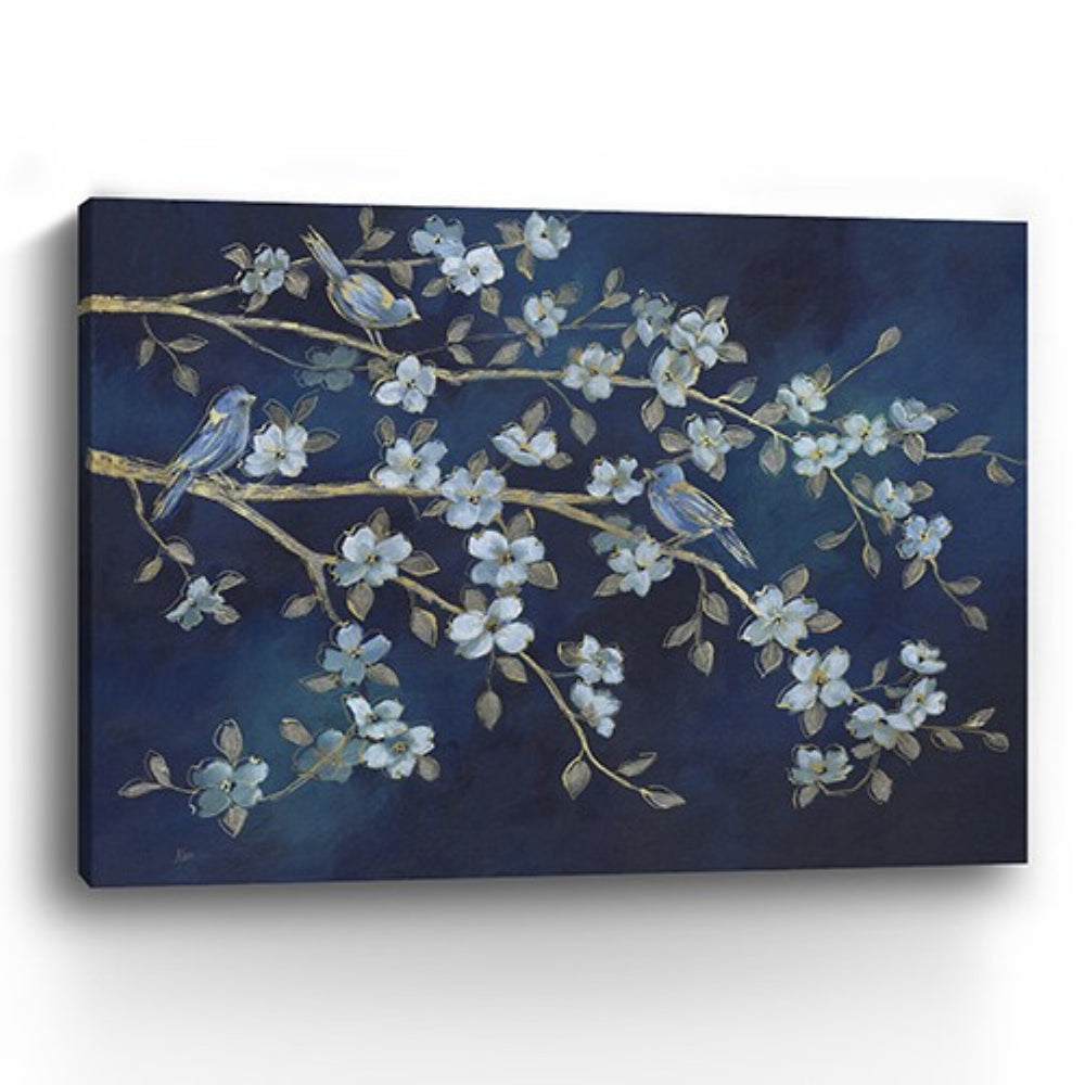 HomeRoots 24" Navy Blue Watercolor Bird Rendezvous Canvas Wall Art - Serene Nature-Inspired Elegance for Home 30"x40" 398940