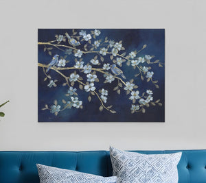 HomeRoots 24" Navy Blue Watercolor Bird Rendezvous Canvas Wall Art - Serene Nature-Inspired Elegance for Home 30"x40" 398940