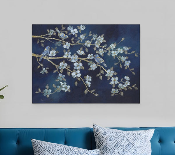 HomeRoots 24" Navy Blue Watercolor Bird Rendezvous Canvas Wall Art - Serene Nature-Inspired Elegance for Home 30"x40" 398940