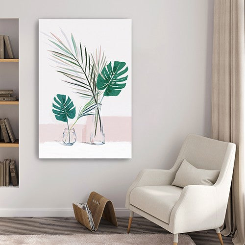Homeroots Pretty Green Foliage Leaves Pink Unframed Print Wall Art  Polyester 398977