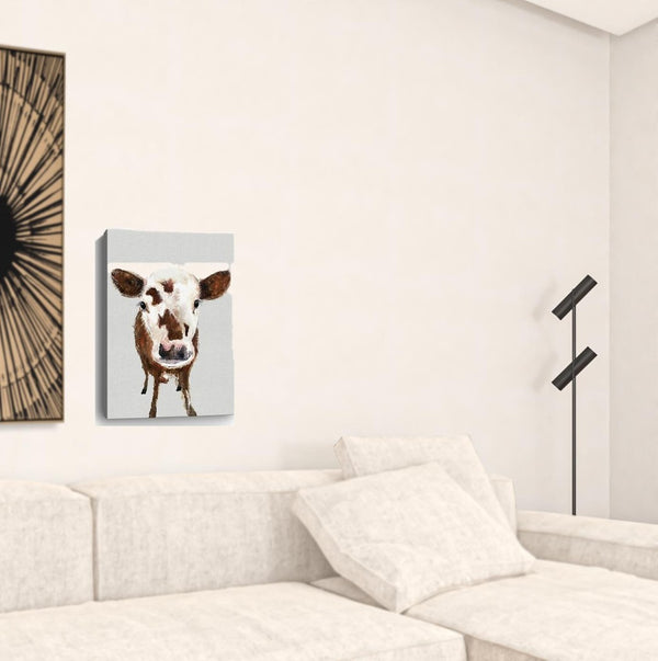 HomeRoots 24" Brown and White Baby Cow Face Canvas Wall Art - Modern Farmhouse Charm for Any Room Decor 16"x24" 398980