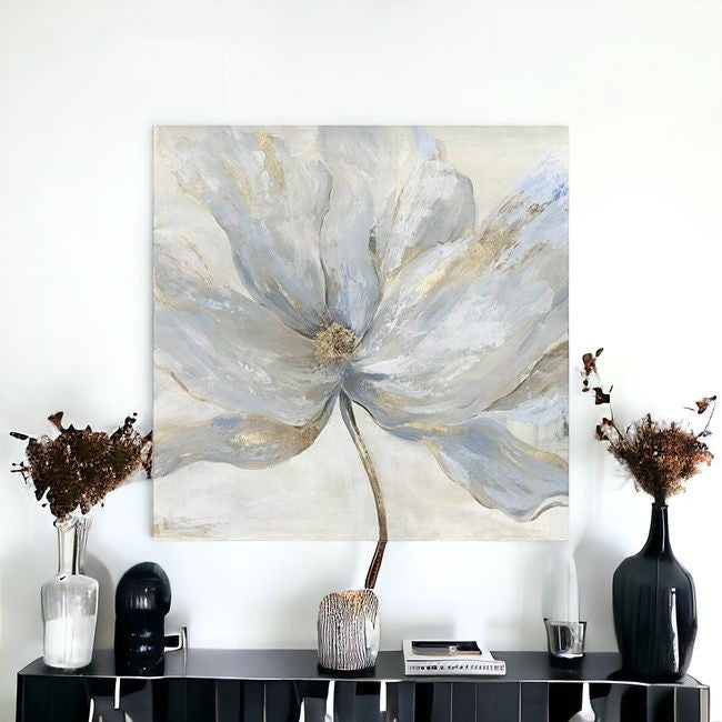 Homeroots Soft Blue And Grey Flower With Gold Details Unframed Print Wall Art  Polyester 398986