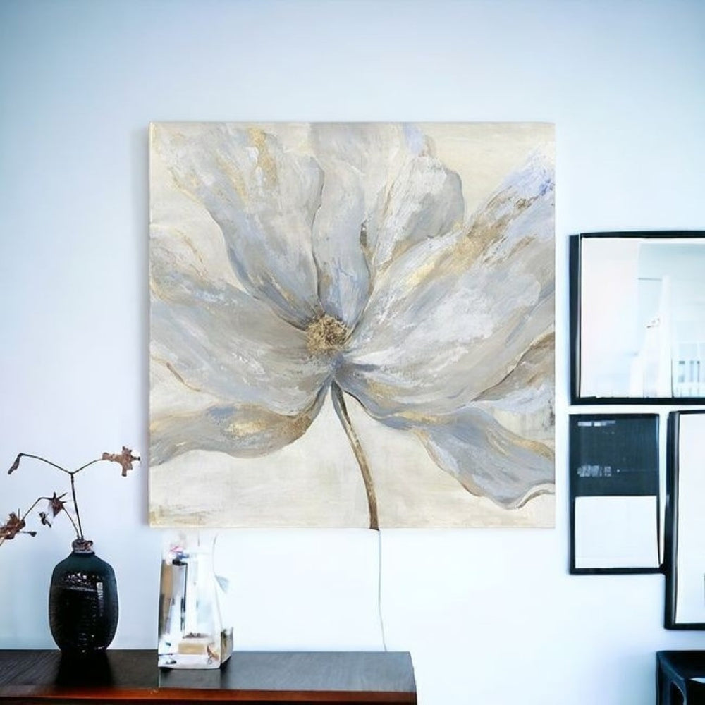 HomeRoots Soft Blue and Grey Floral Canvas Print with Elegant Gold Accents for Modern Home Décor Style 30"x30" 398987