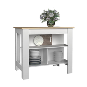 English Elm Island Kitchen Island With 3 Open Shelves, White & Light Pine Finish – Farmhouse Style & Storage B097P250891