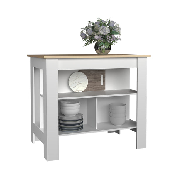 English Elm Island Kitchen Island With 3 Open Shelves, White & Light Pine Finish – Farmhouse Style & Storage B097P250891
