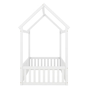 English Elm Twin Pine House Bed with Roof, Fence & Door — Enclosed Playful Design for Cozy Sleep and Imagination White WF531501AAK