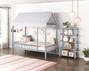 English Elm Gray Finish Canopy Platform Bed Scalloped Fabric Cover Solid Wood Twin Frame Gray B011P463890