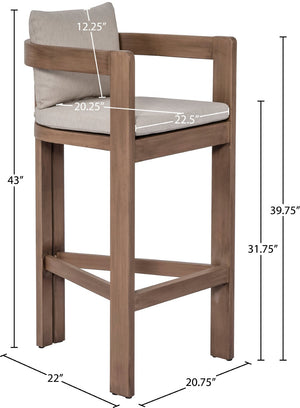 Meridian Furniture Newport Outdoor Acacia Wood Bar Stool with Weather Resistant Upholstered Seat for Patio Use Beige 398Beige-C