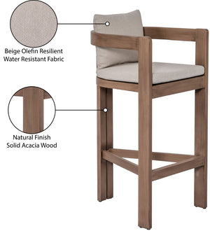 Meridian Furniture Newport Outdoor Acacia Wood Bar Stool with Weather Resistant Upholstered Seat for Patio Use Beige 398Beige-C