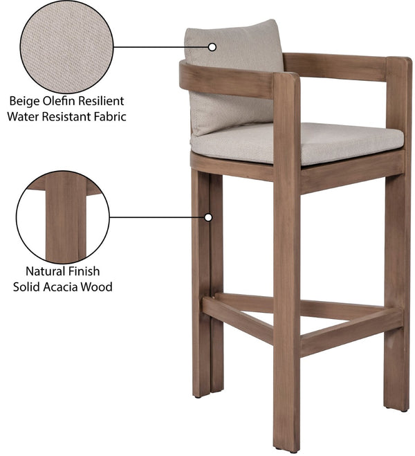Meridian Furniture Newport Outdoor Acacia Wood Bar Stool with Weather Resistant Upholstered Seat for Patio Use Beige 398Beige-C