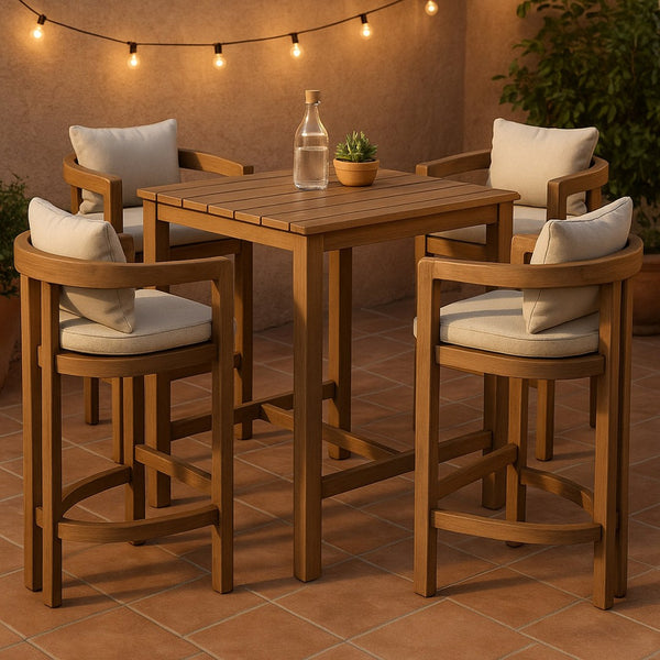 Meridian Furniture Newport Outdoor Acacia Wood Bar Stool with Weather Resistant Upholstered Seat for Patio Use Beige 398Beige-C