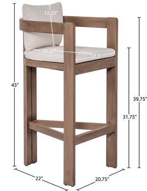 Meridian Furniture Newport Outdoor Acacia Wood Bar Stool with Weather Resistant Upholstered Seat for Patio Use Cream 398Cream-C