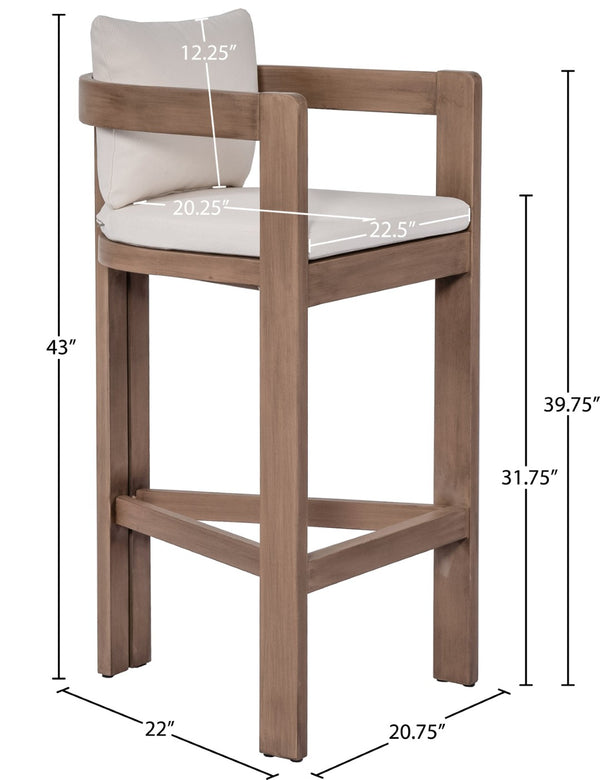 Meridian Furniture Newport Outdoor Acacia Wood Bar Stool with Weather Resistant Upholstered Seat for Patio Use Cream 398Cream-C