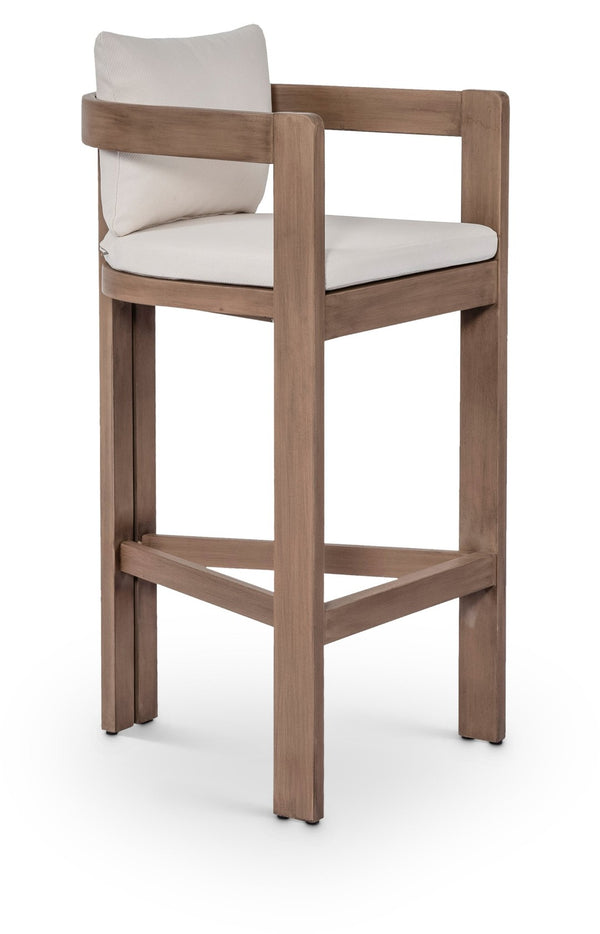 Meridian Furniture Newport Outdoor Acacia Wood Bar Stool with Weather Resistant Upholstered Seat for Patio Use Cream 398Cream-C