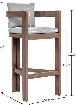 Meridian Furniture Newport Outdoor Acacia Wood Bar Stool with Weather Resistant Upholstered Seat for Patio Use Grey 398Grey-C