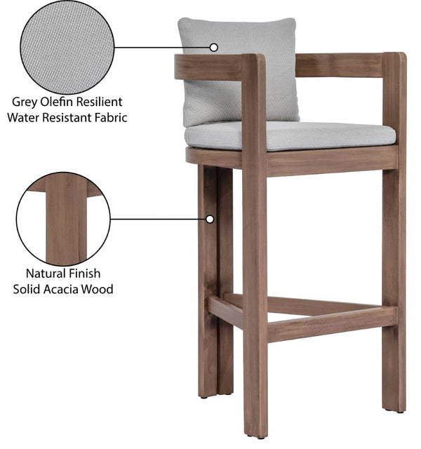 Meridian Furniture Newport Outdoor Acacia Wood Bar Stool with Weather Resistant Upholstered Seat for Patio Use Grey 398Grey-C