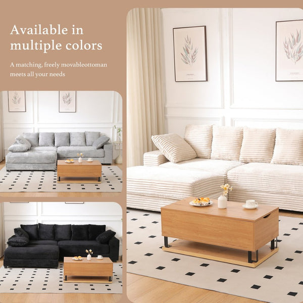 English Elm 108.6" Corduroy L-shaped Sectional with Chaise Storage Ottoman and Eight Pillows Beige W2791S00003
