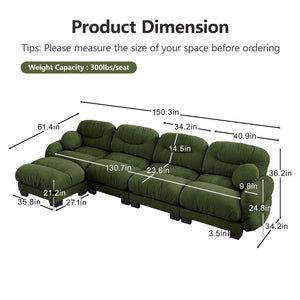 English Elm Pleated Chenille Sectional Sofa with Ottoman Ergonomic Foam Curved Armrests Living Room Green W5656S00053