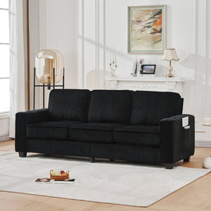 English Elm 84.25-inch Corduroy Three Seater Sofa with Cup Holders Modern Minimalist Living Room Couch Black W288P399981