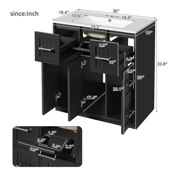 English Elm 30inch Bathroom Vanity with Undermount Sink, Tip-Out Tray, Soft-Close Doors, Spacious Drawers & Handles Black N710P331580B