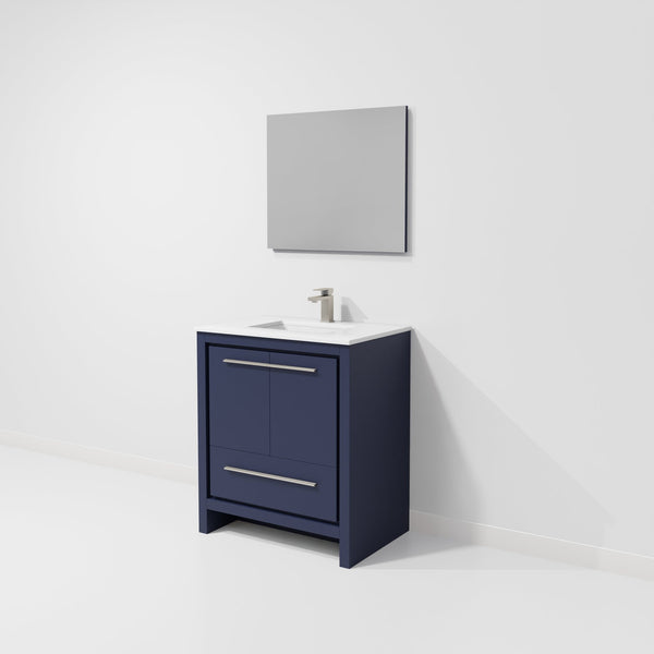 English Elm Navy Blue Single Bath Vanity With Cultured Marble Top, Gun Metal Faucet & 28 In. Mirror Set B2731S02049