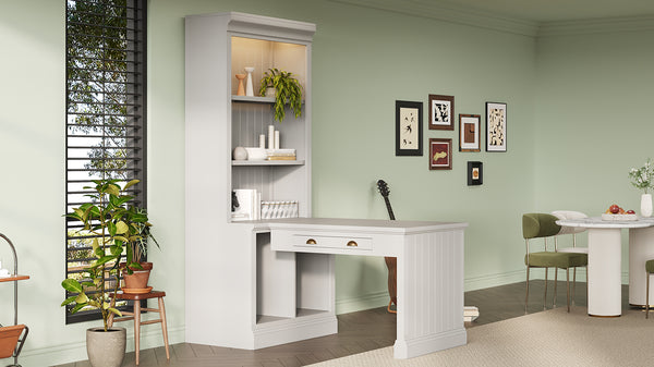 English Elm 83.4"Tall Bookshelf with Writing Desk White – Modern Solid Wood Workstation with LED, Drawer & Adjustable Shelf N751S280597K