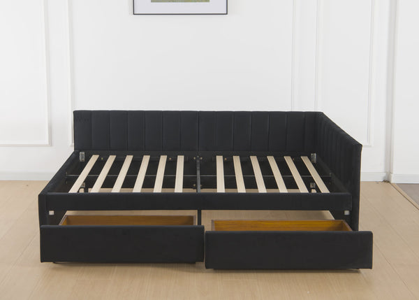 English Elm Full Velvet Daybed with Storage Drawers, L-Shape Upholstered Corner Frame, Black, No Box Spring Needed W1670S00025