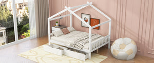 English Elm Full House Platform Bed with Roof Design and Two Drawers, Pine/MDF Durable Frame, Kid-Friendly Cozy Finish White WF292923AAK