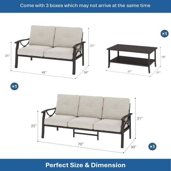 English Elm 3-piece Outdoor Steel Patio Conversation Set with Thick Cushions and Coffee Table Beige B082S00123