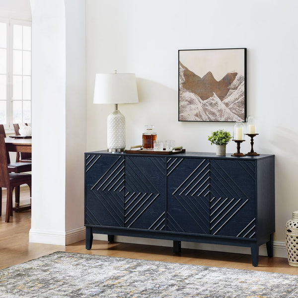 English Elm 60.5'' Buffet Cabinet with Fluted Geometric Doors, Mid-Century Sideboard with Adjustable Shelves & Outlet Holes Bear,Blue W1801P288507