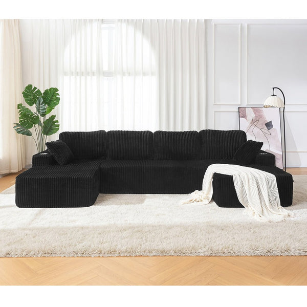 English Elm U-shaped Corduroy Cloud Sectional Sofa with Pocket Springs and Modular Living Room Seating Black W3366S00001