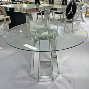 English Elm Modern Round Tempered Glass Dining Table with Mirrored Geometric Base, Seats 4, Easy Assembly, Silver W3836S00001