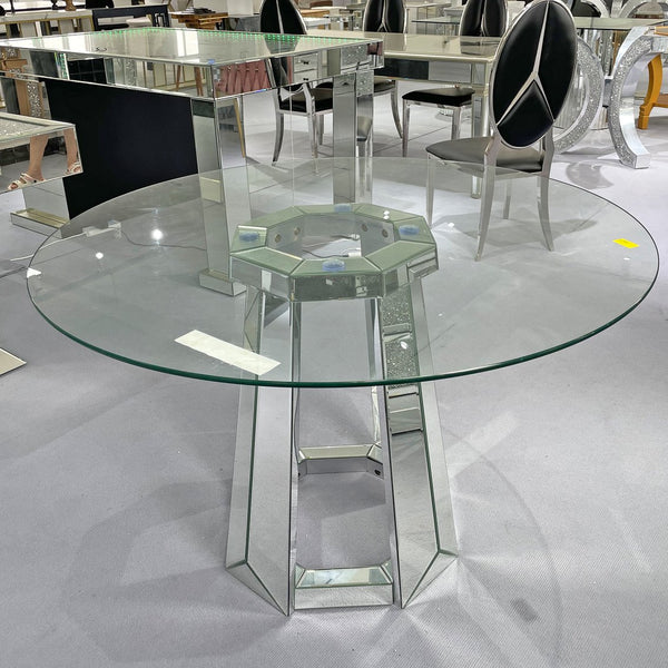 English Elm Modern Round Tempered Glass Dining Table with Mirrored Geometric Base, Seats 4, Easy Assembly, Silver W3836S00001