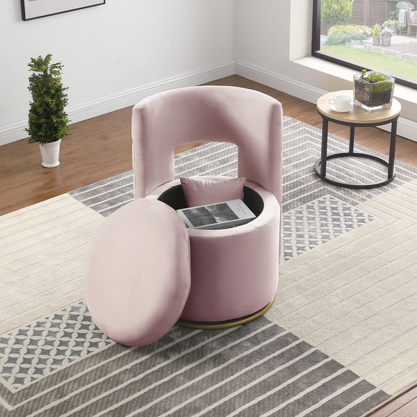 English Elm 360° Velvet Swivel Accent Chair with Hidden Storage, Gold Metal Base, Curved Modern Pink Seat W1420P372917