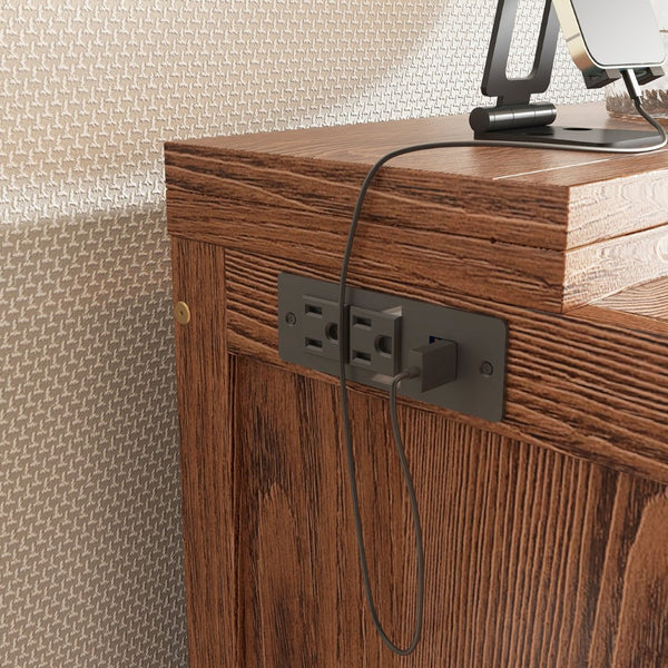 English Elm Full Size Pine Cabinet Murphy Bed with Usb Charging Side Shelves for Guest Rooms W504S00221