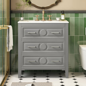 English Elm 30'' Bathroom Vanity with Ceramic Sink, Solid Wood Frame Retro Style Vanity with 3 Drawers & Gold Handles Gray N710P246209E