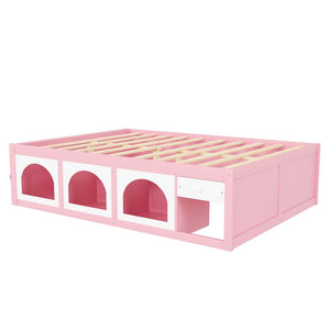 English Elm Queen Storage Platform Bed with Led Lighting Bookshelf Display Cabinet and Pull-out Drawer Pink+White N820S00078H