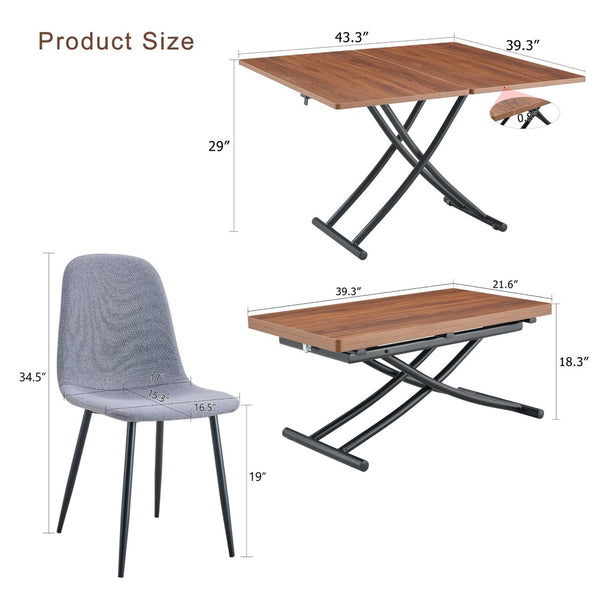 English Elm Table & Chair Set - Modern Multifunctional Lifting Design With Walnut Finish & 4 Gray Linen Chairs W1151S03777-GIGA