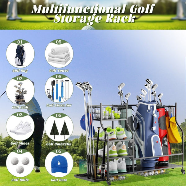 English Elm Golf Bag Storage Rack for Garage Holds 3 Bags with Wheels Hooks and Club Display T3210P392617