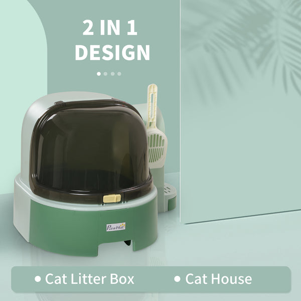 English Elm PawHut Space Capsule Covered Cat Litter Box with Removable Tray, Front Door Access & Odor Control Green W2225P229423