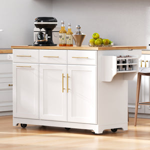 English Elm K&K Vintage Kitchen Island with Rubberwood Top, Hidden Wheels, Pull-Out Trash & Charging Station White N707P299014W