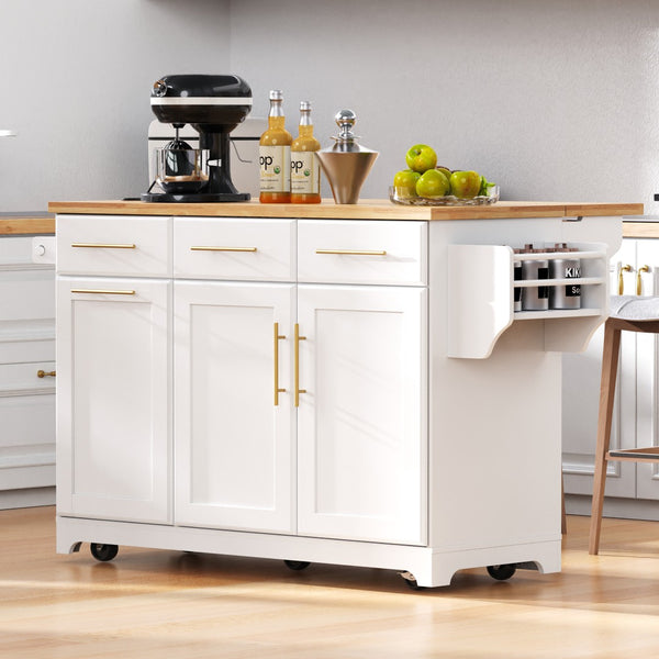 English Elm K&k Rolling Kitchen Island Rubber Wood Top Brass Hardware Built-in Outlets Storage White N707S299014W