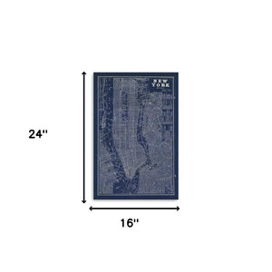HomeRoots 24" Indigo and White Aerial New York Map Canvas Art - Bold Modern Decor for Home and Office Spaces 16"x24" 399004