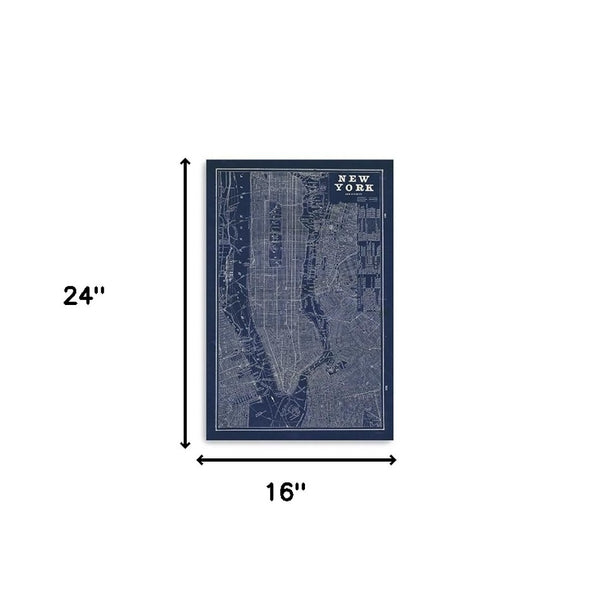 HomeRoots 24" Indigo and White Aerial New York Map Canvas Art - Bold Modern Decor for Home and Office Spaces 16"x24" 399004