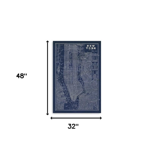 HomeRoots 24" Indigo and White Aerial New York Map Canvas Art - Bold Modern Decor for Home and Office Spaces 32"x48" 399006